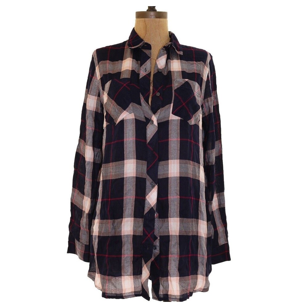 Sandra Ingrish Button Down Top Size S Two Pocket Plaid Shirt Blue NWT B61